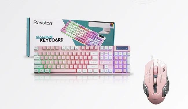 Ảnh tin Combo Bàn Phím Giả Cơ Bosston 803 + Mouse Gaming BS12 Ledlight Trắng - Hồng