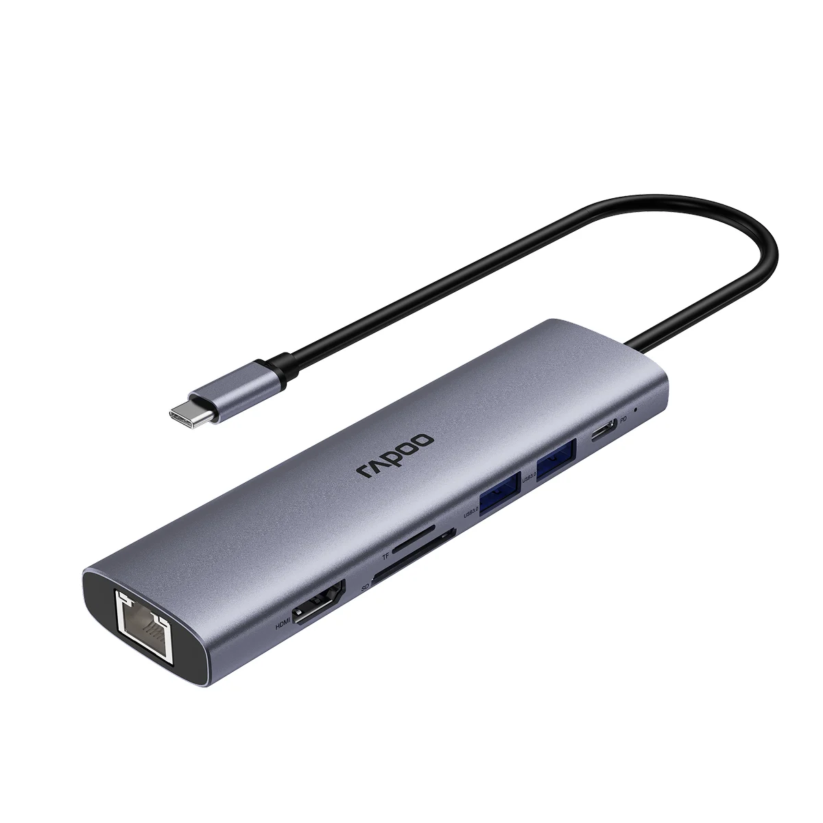 Ảnh tin Bộ chuyển đổi đa cổng USB-C RAPOO (XD71) | USB-C to HDMI 4K 60Hz, 2 x USB-A 3.0, RJ45, SD/TF Card…
