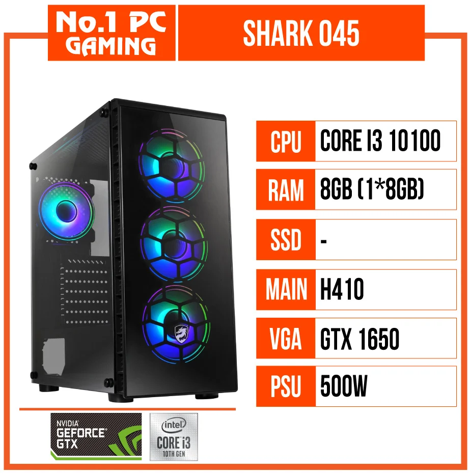 Ảnh tin PC GAMING SHARK 045 (i3 10100/H410/8GB RAM/GTX 1650/500W/TẢN CR1200)