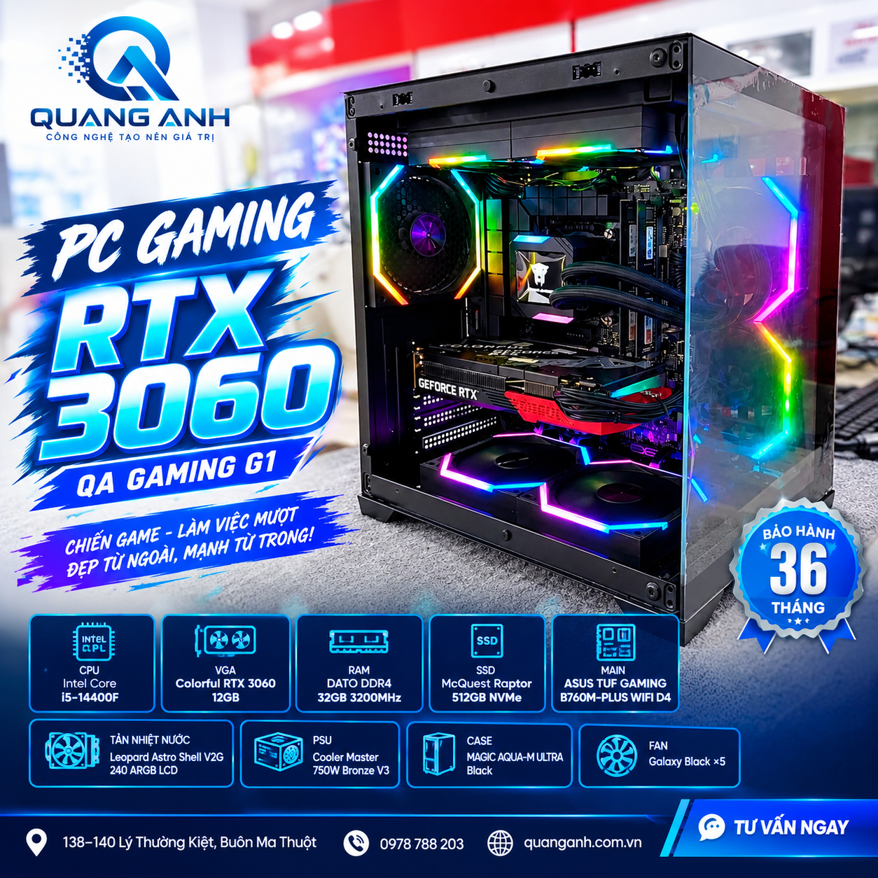 Ảnh tin 🔥 QA GAMING G1 RTX 3060 – i5-14400F | RAM 32GB | NVMe 512GB