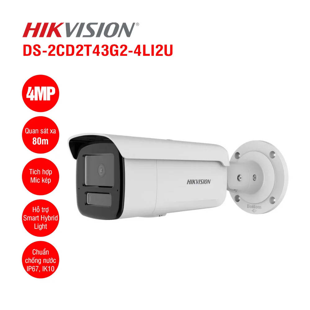 Ảnh tin Camera IP Hikvision DS-2CD2T43G2-4LI2U 4MP – Smart Hybrid Light 80m, AcuSense AI, Mic Kép