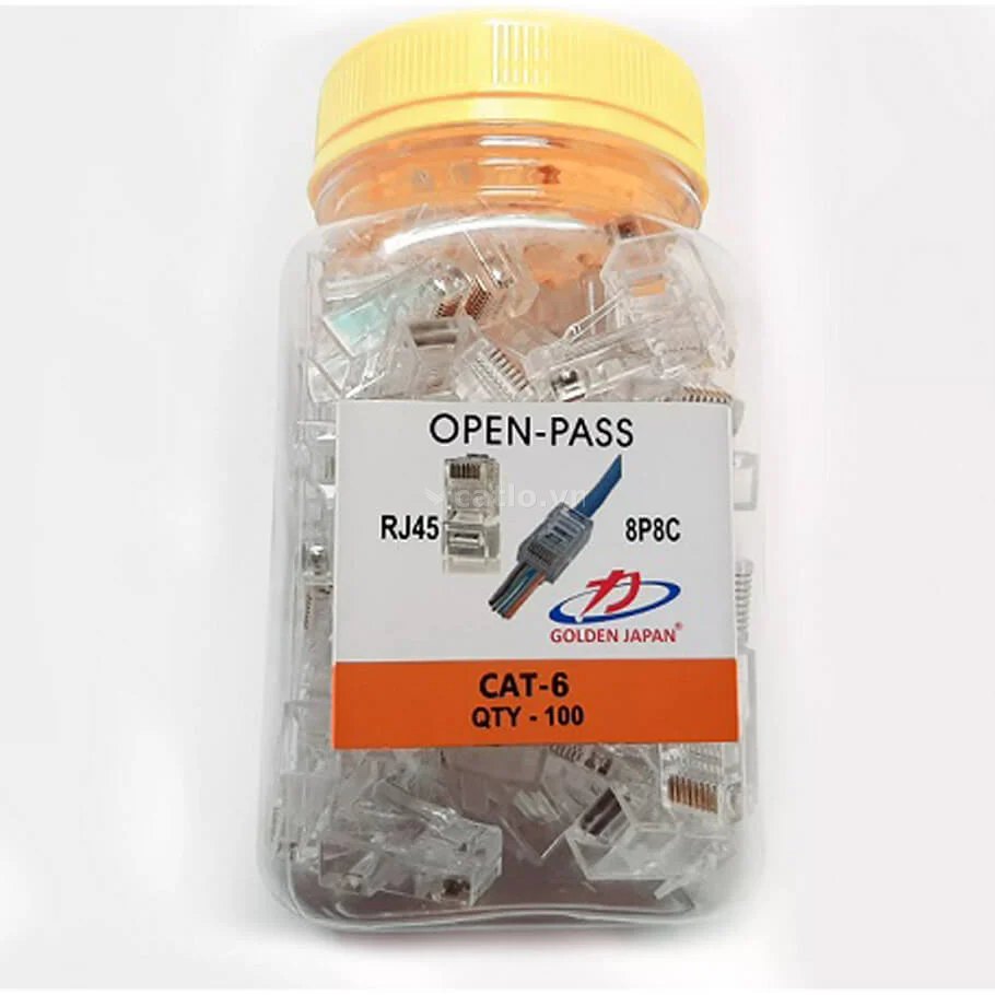 Đầu mạng RJ45 Xuyên Thấu Golden Japan Cat6 UTP Chân Mạ Vàng (100 Cái/Hộp) – ảnh 1