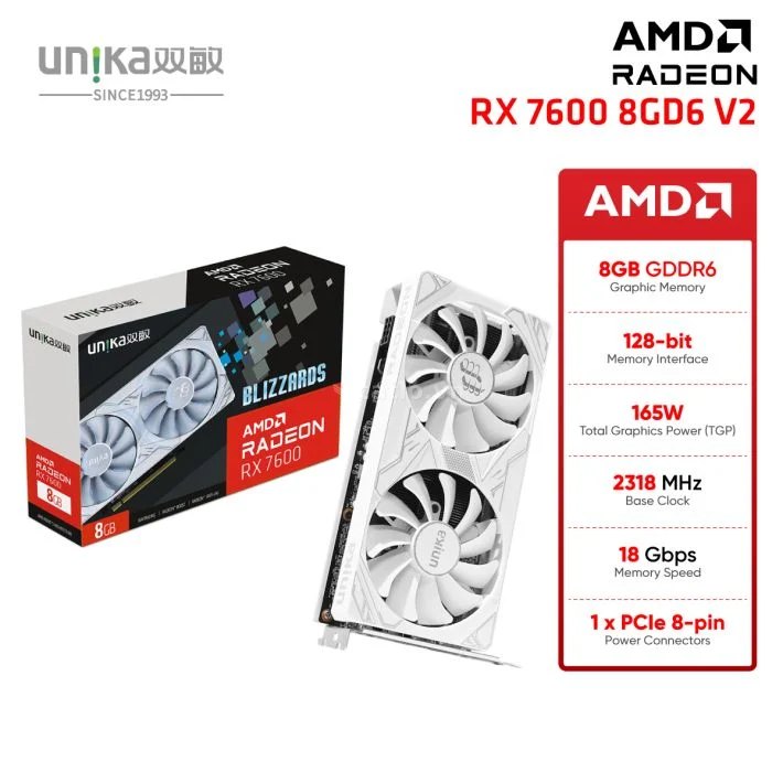 Card màn hình (AMD) UNIKA Blizzards White RX 7600 8GD6 V2 | 8GB GDDR6, 128-bit, 3 Fan, Trắng – ảnh 1